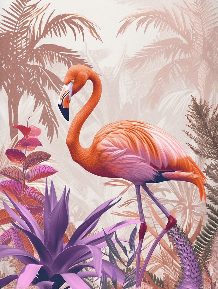 Jamess Flamingo And Bromeliads Minimalist Illustration 2
