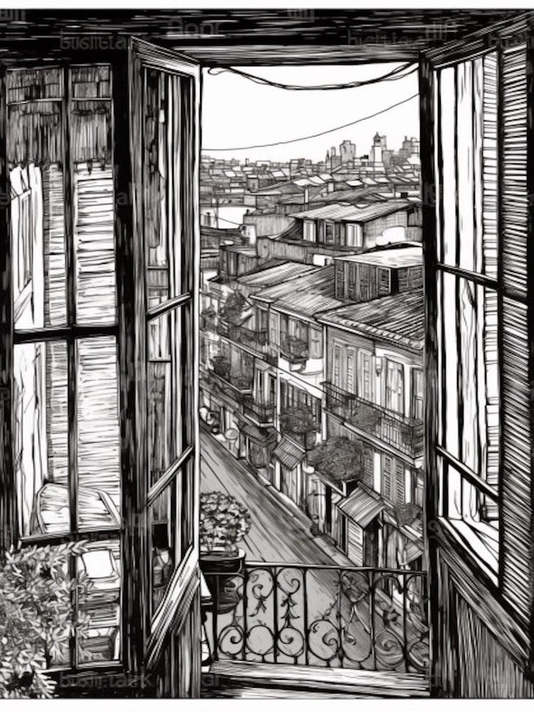 A Window View Of Buenos Aires In The Style Of Black And White  Line Art 3