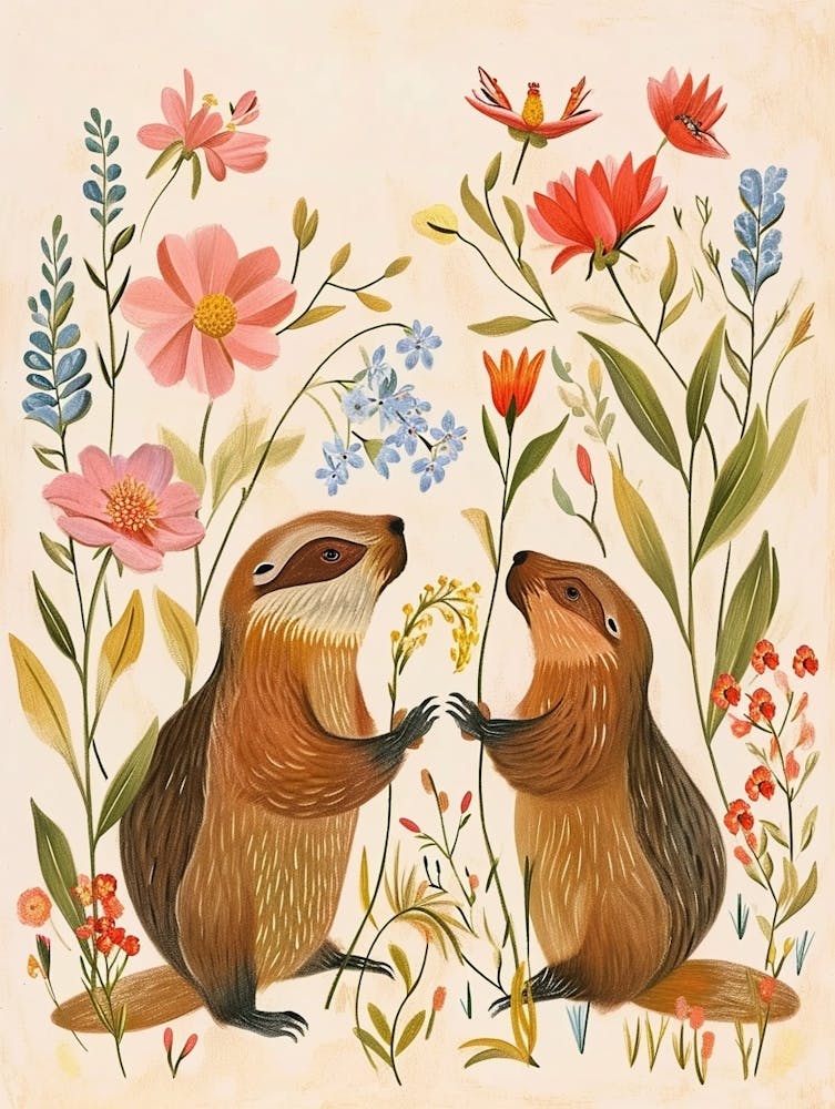 Folksy Floral Animal Drawing Beaver 4