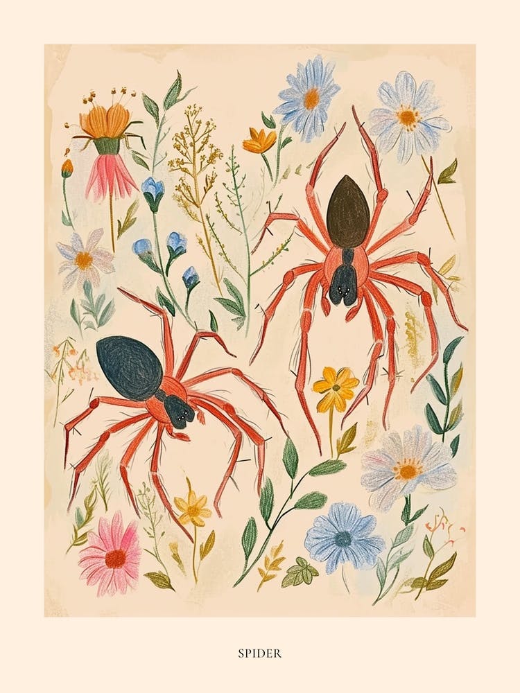 Folksy Floral Animal Drawing Spider Poster