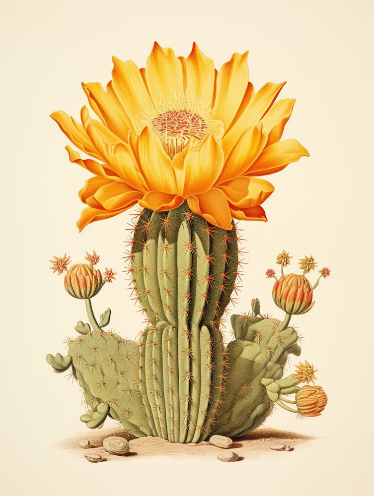 Vintage Cactus Illustration Golden Barrel Cactus