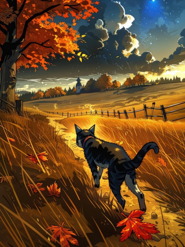 Cat Walking In A Field