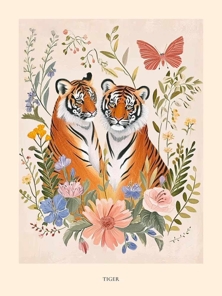 Folksy Floral Animal Drawing Tiger Poster