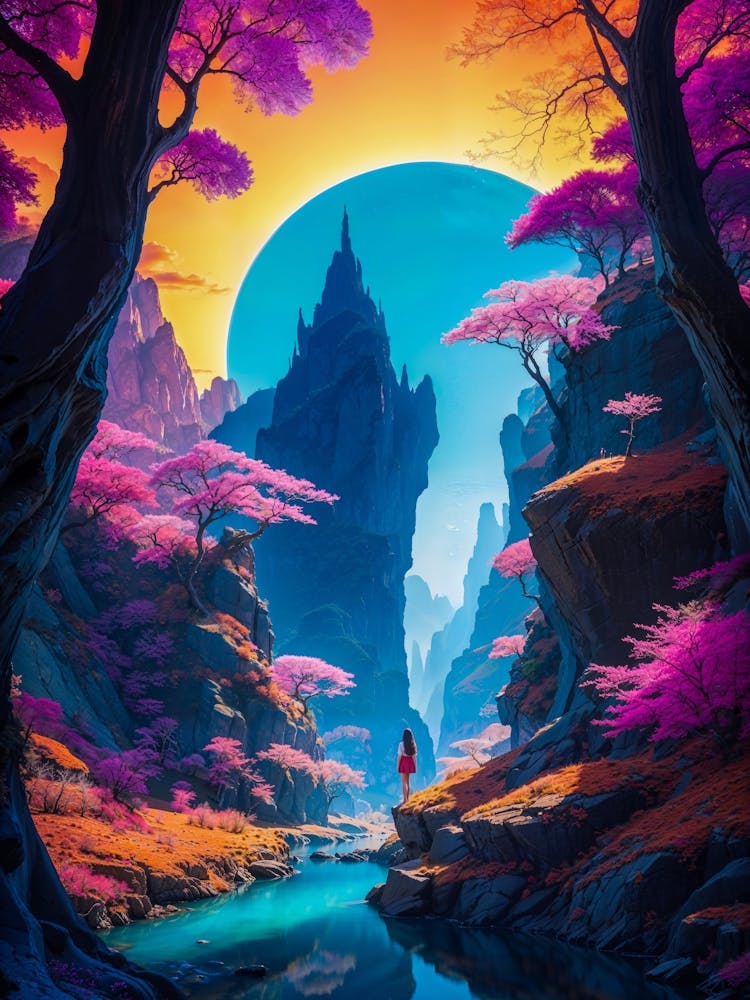 Japan Fantasy Landscape: A fantasy Japanese landscape at sunset, where nature and culture meet. Cherry trees and mountains glow under a full moon, creating a mystic and neon scenery.