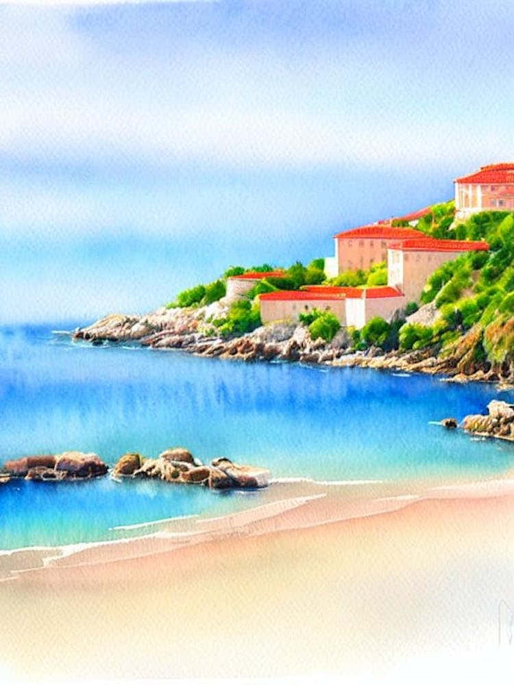 Sveti Stefan Beach, Montenegro Watercolour