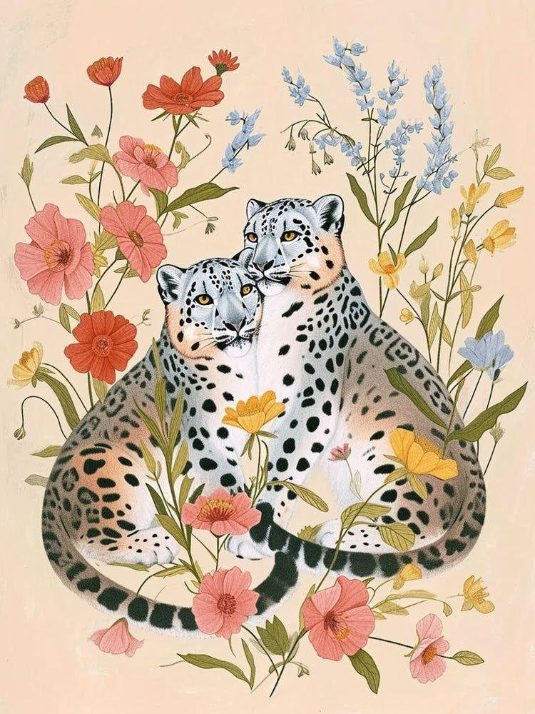 Folksy Floral Animal Drawing Snow Leopard