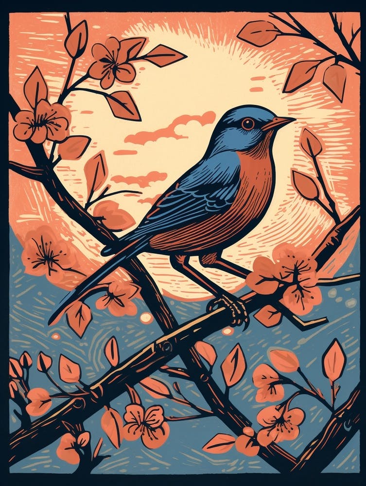Vintage Bird Linocut Bluebird 2