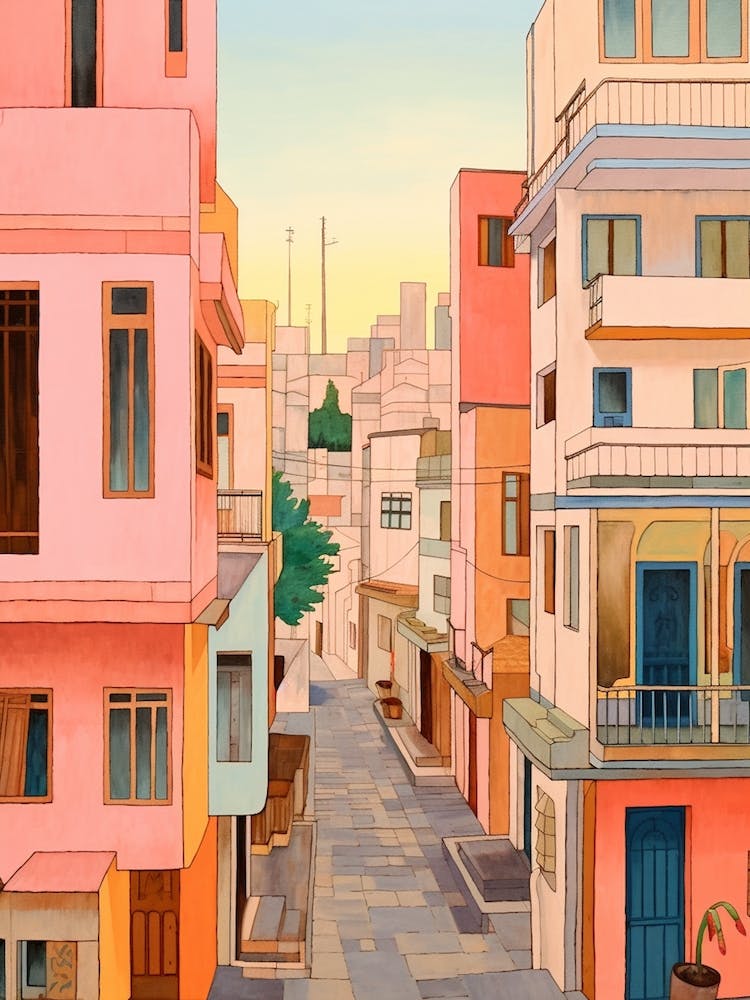 Tel Aviv Israel 5 Vintage Pink Travel Illustration