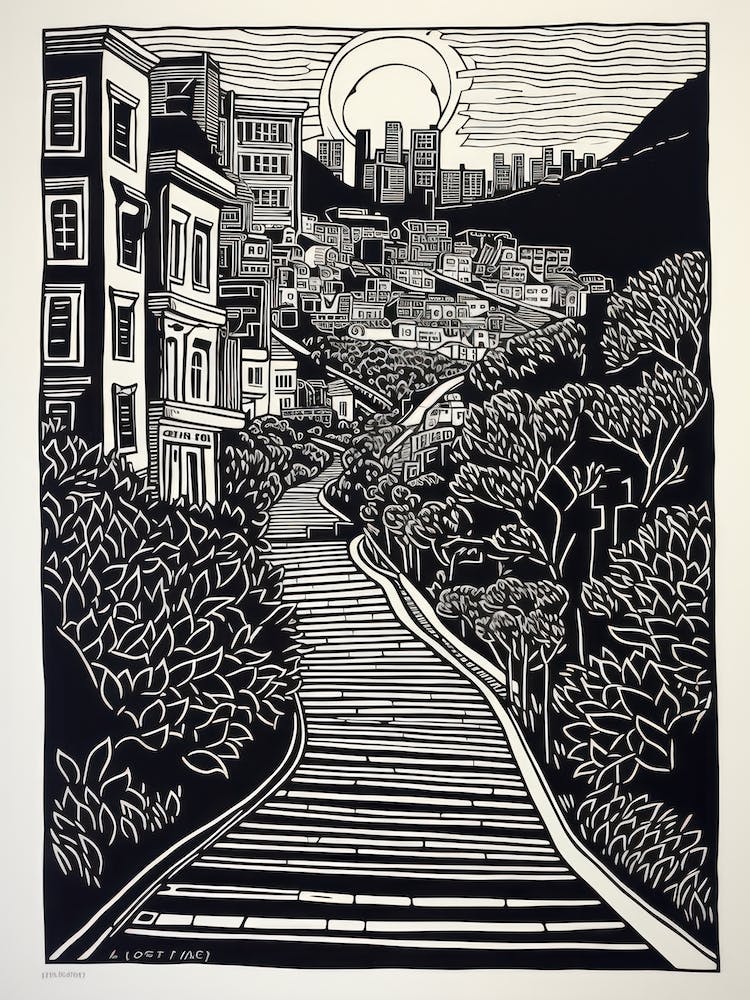 Lombard Street San Francisco Linocut Illustration Style 1