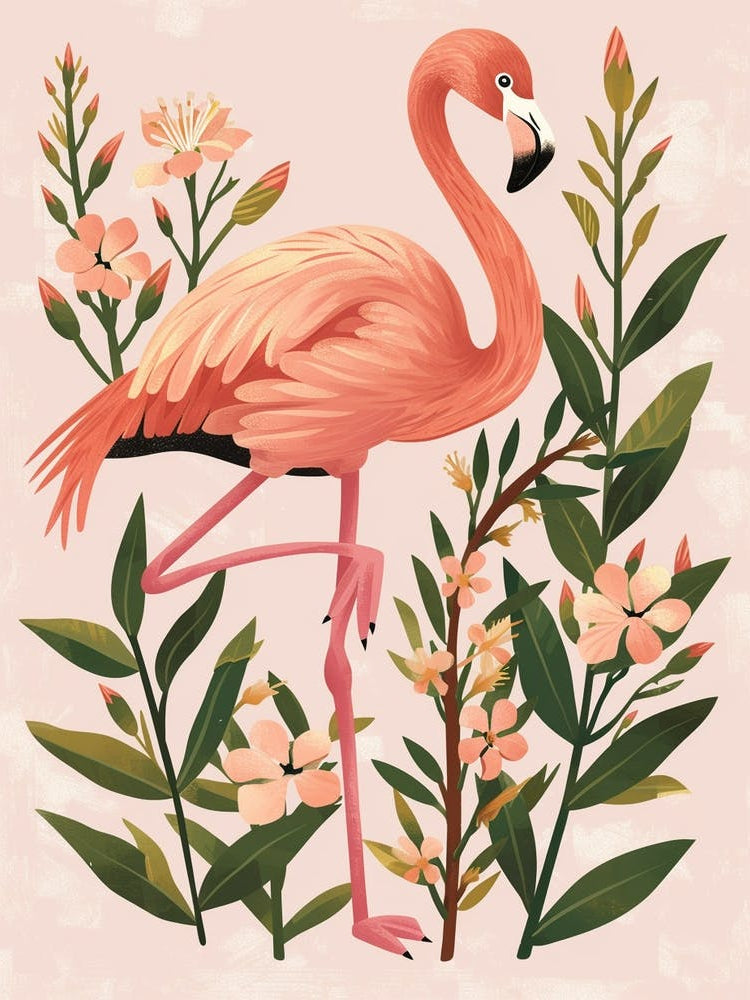 Lesser Flamingo And Oleander Minimalist Illustration 4