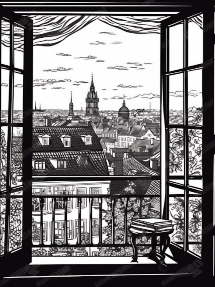 Window View Of Copenhagen Denmark   Black And White Colouring Pages Line Art 3