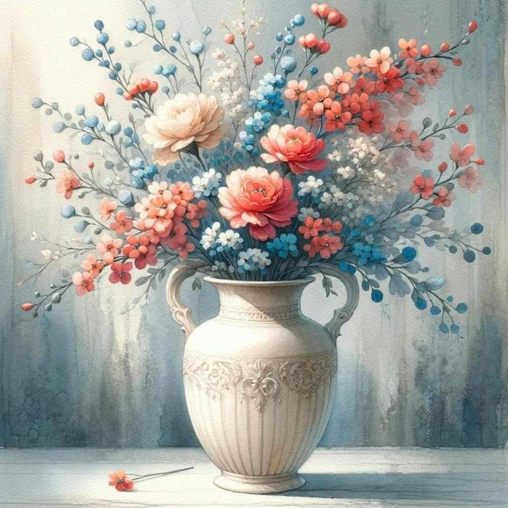 Vase Of Flowers Coral and Blue