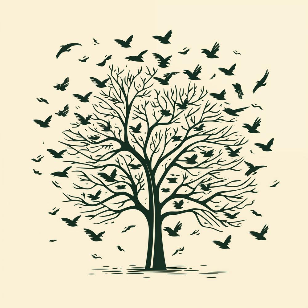 Vogel- und Bäume-Zeichnung