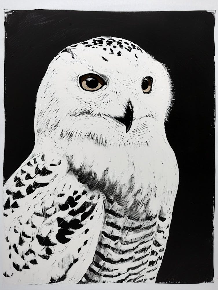 Snowy Owl Linocut Blockprint 2