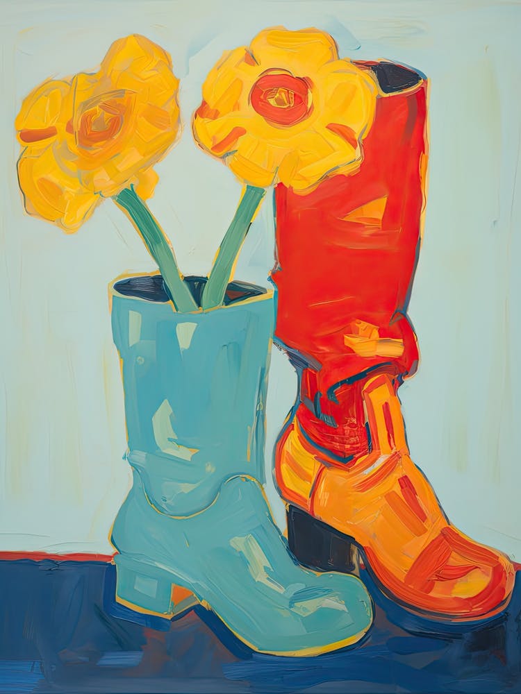 Painting Of Orange Flowers And Cowboy Boots, Oil Style 7