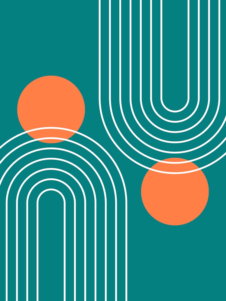 Mid Century Modern Geometric C33 In Teal Coral (Rainbow And Sun Abstract) 01