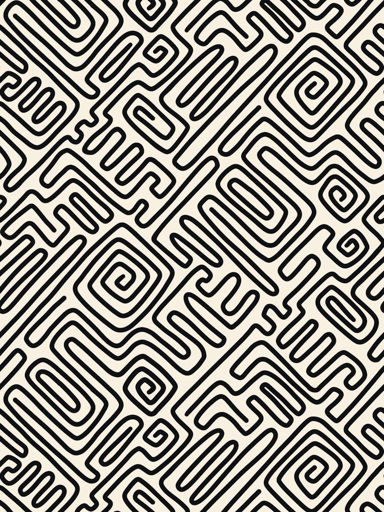 Mod Art Geometric Doodle Maze Grid Black Line Art on Cream White