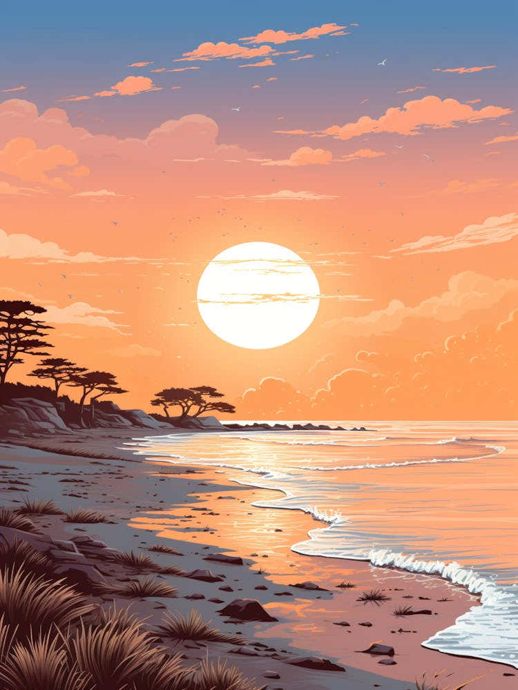 Illustration Of Hammonasset Beach Connecticut In Pink Tones 2