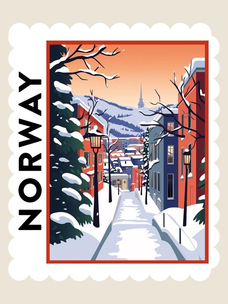 Retro Winter Stamp Poster Bergen Norway 2