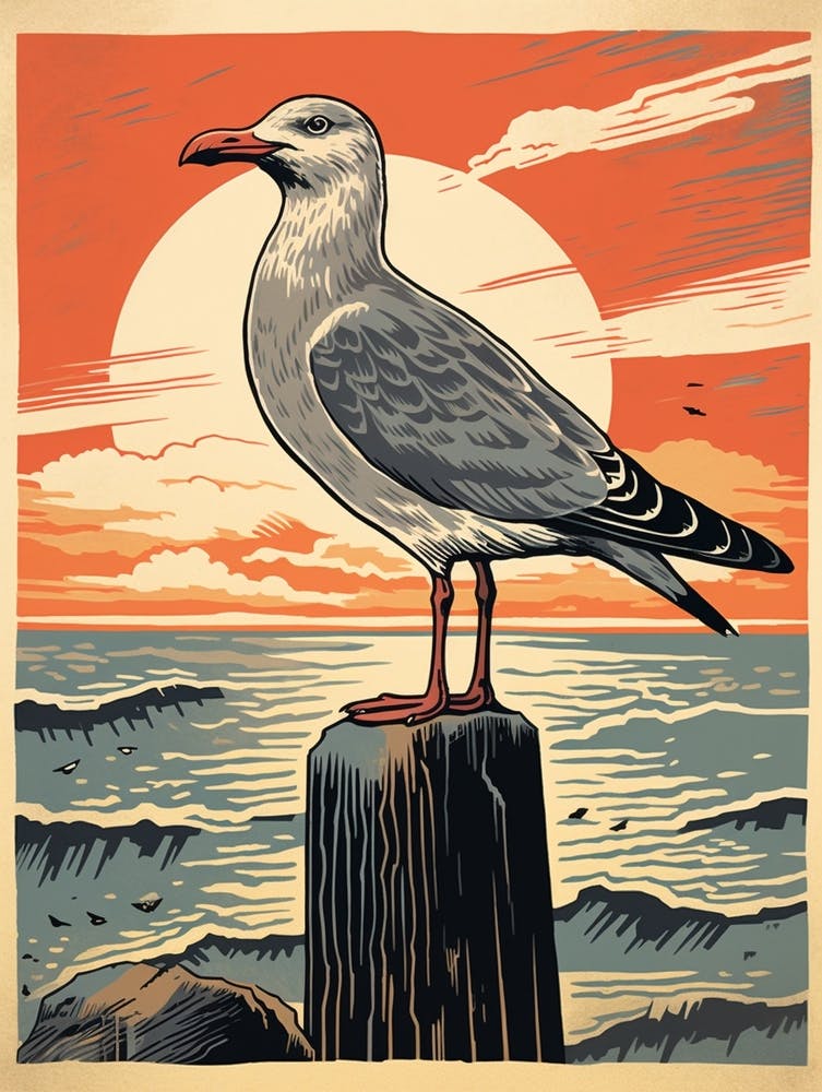 Vintage Bird Linocut Seagull 3