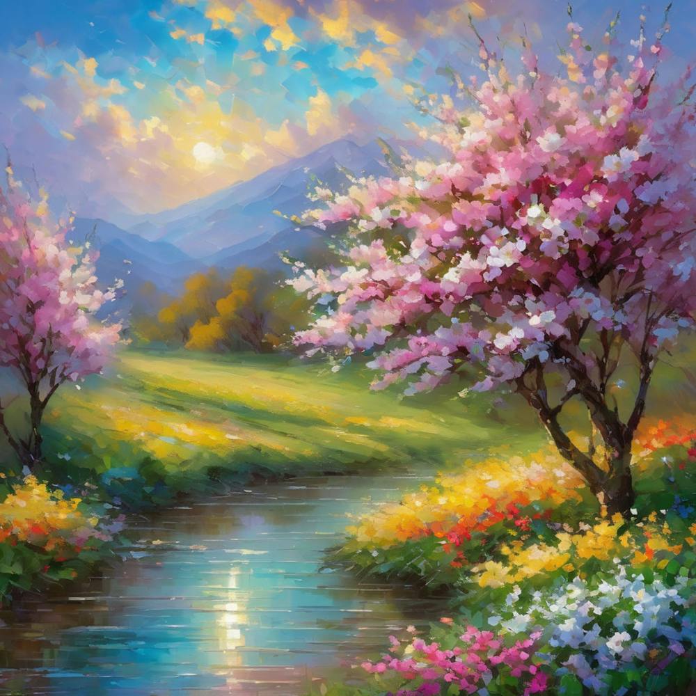 Cherry Blossoms By The Stream