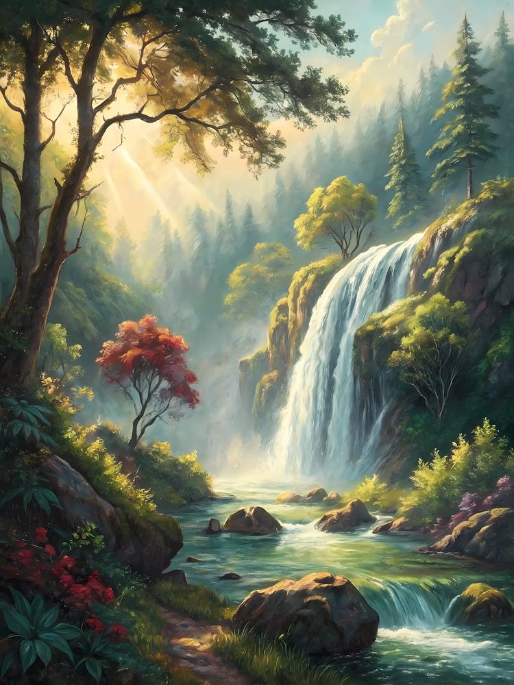 Mystical Forest Waterfall Oil Painting Nature Landscape