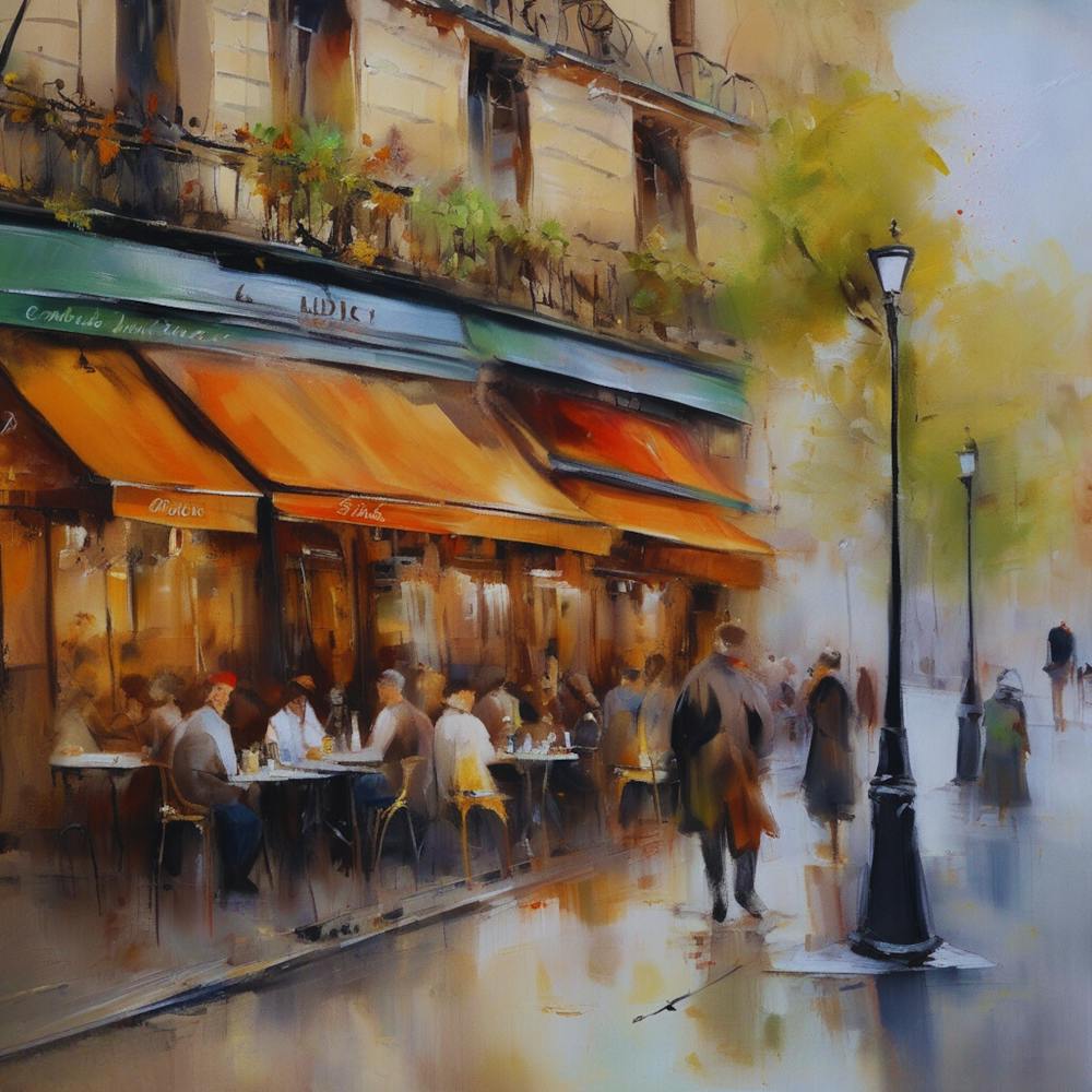 Cafe in Paris.spring season. Passersby. The beauty of the place. Oil colors.8