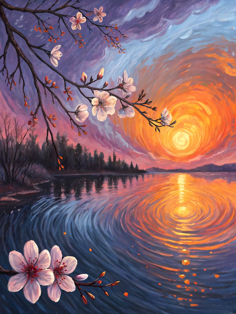 Van Gogh Cherry Blossom Lake Vibrant Sunset & Swirling Sky