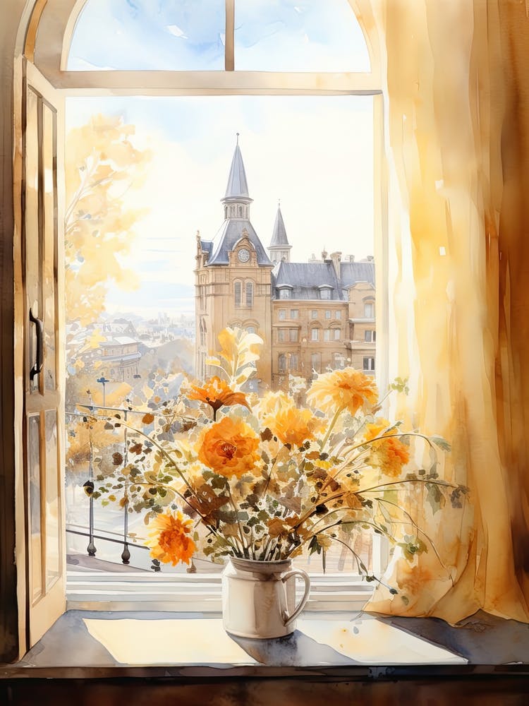 Vue de fenêtre d'Oslo Norvège en automne, Aquarelle 4
