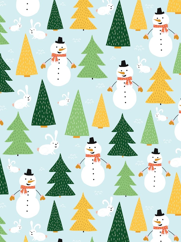 Winter Snowmen Evergreen Forest Yellow, Green, and Blue