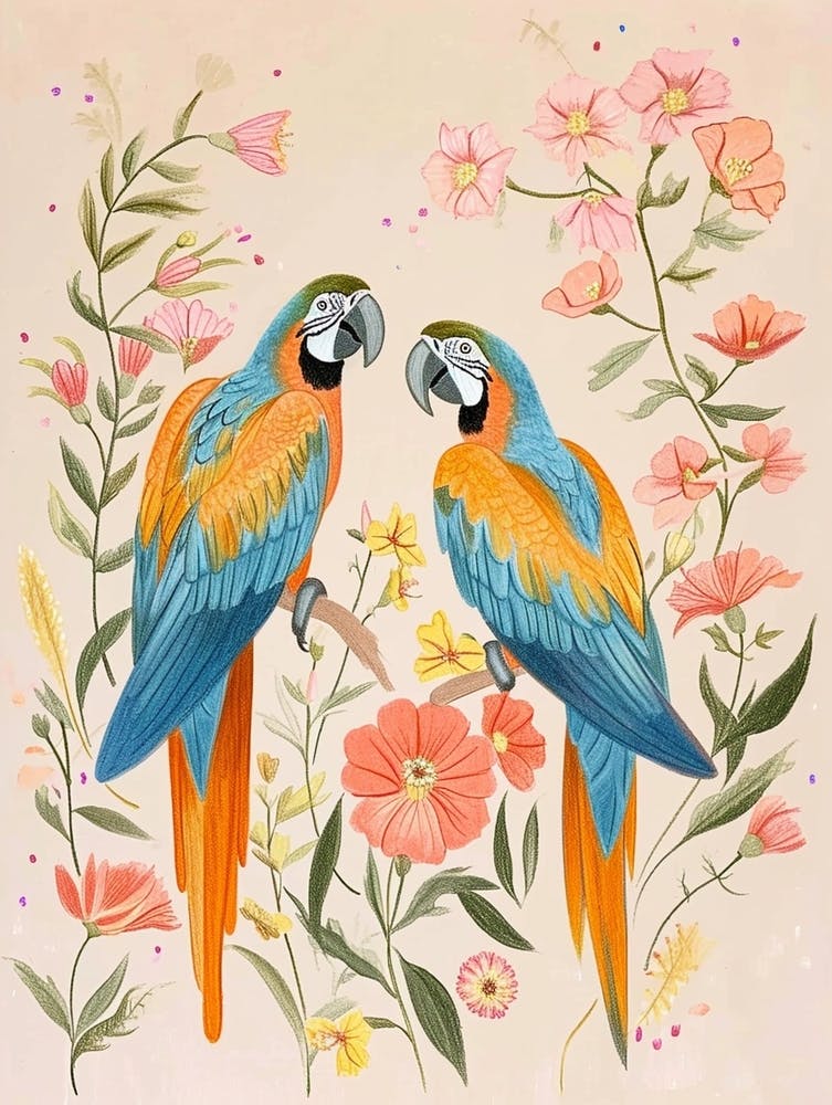 Folksy Floral Animal Drawing Parrot 3