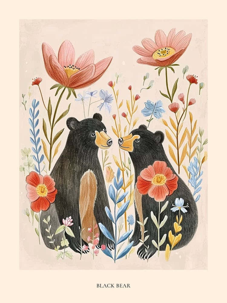 Folksy Floral Animal Drawing Black Bear 2 Poster