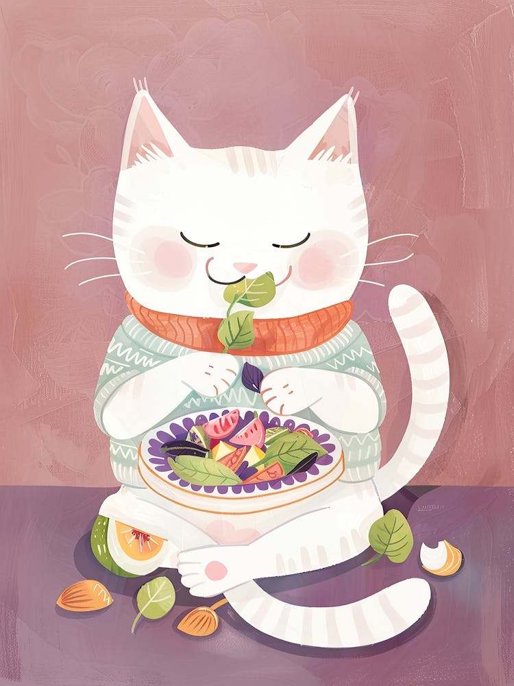 White Cat Salad Lover Folk Illustration 4