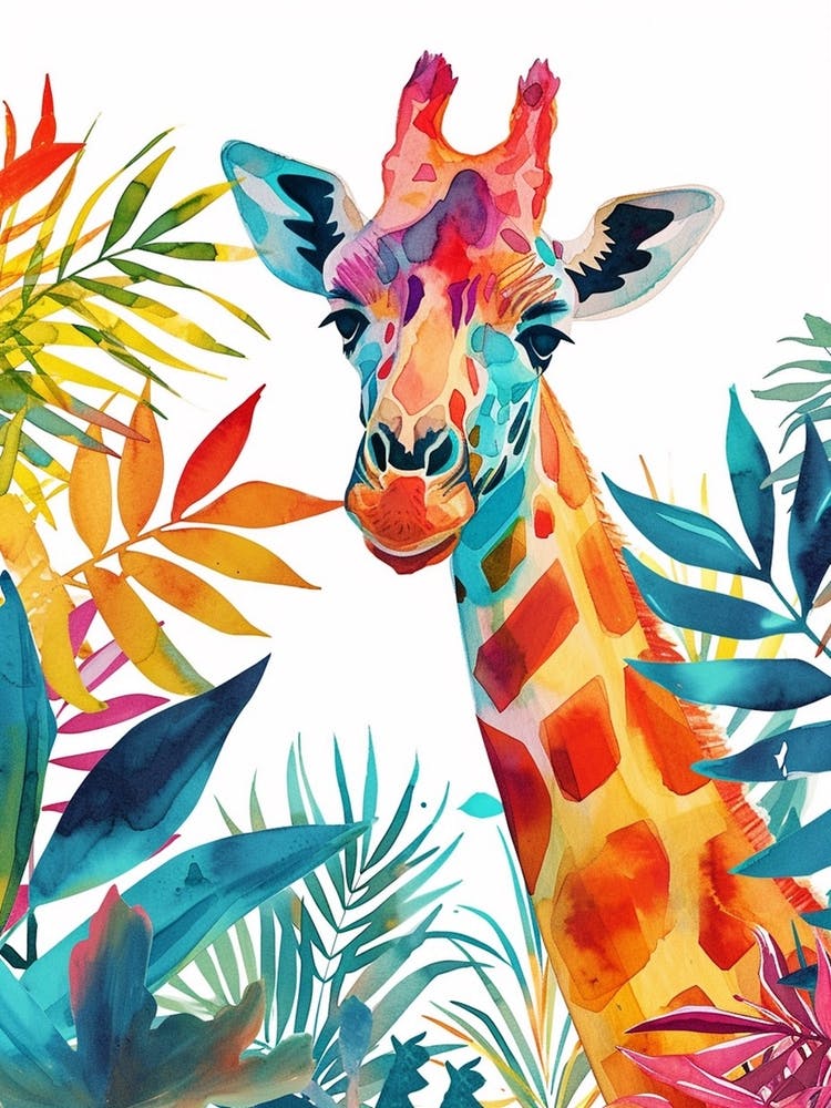 Watercolour Giraffe Head In The Leaves 5