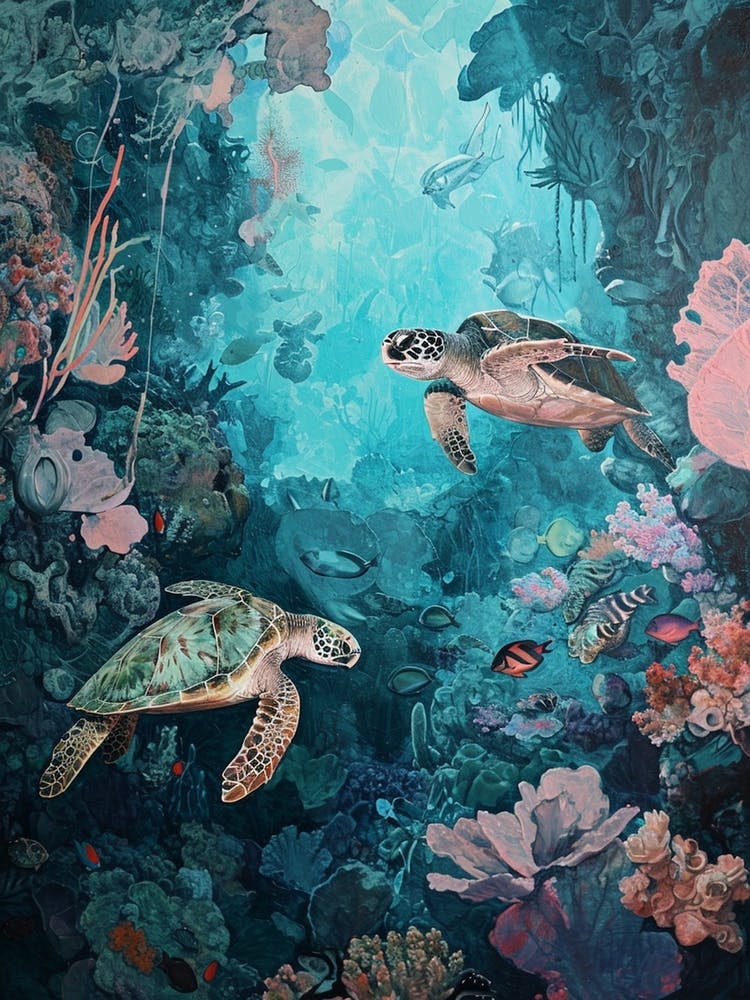 Sea Turtles With A Coral Reef Expressionism Style Painting 9