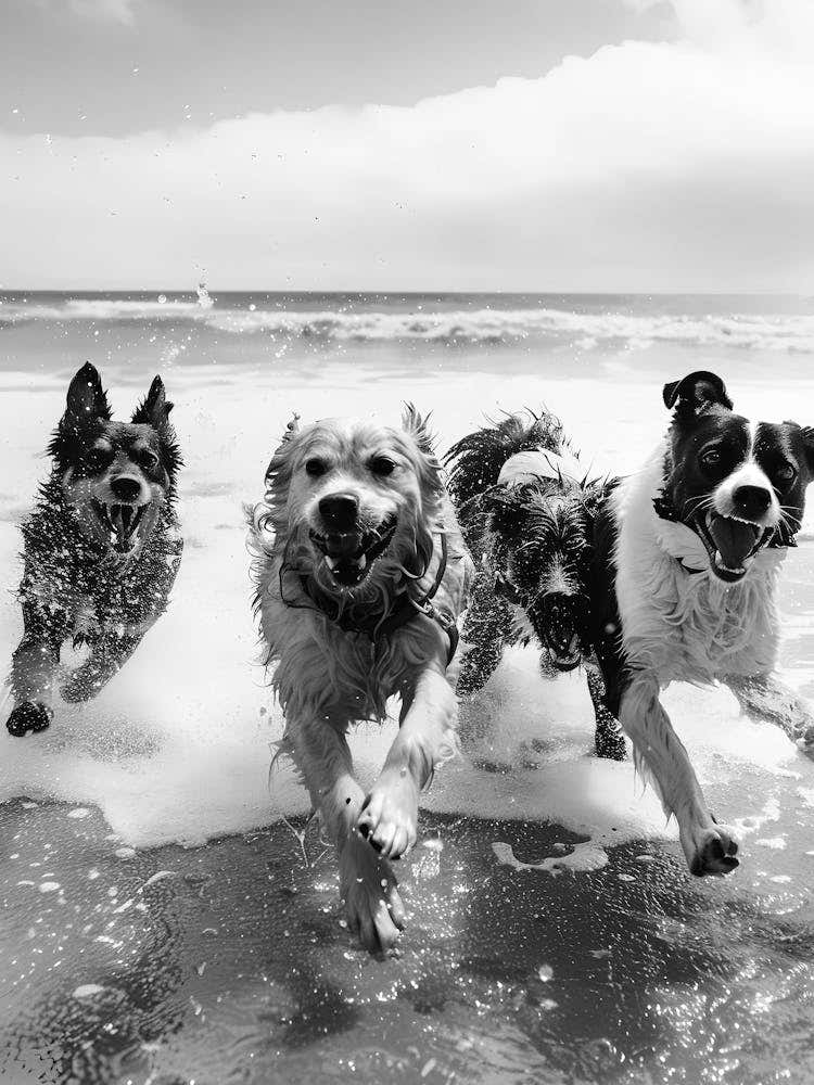 Four Dogs Running On The Beach