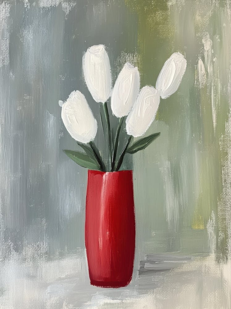 White Tulips In Red Vase
