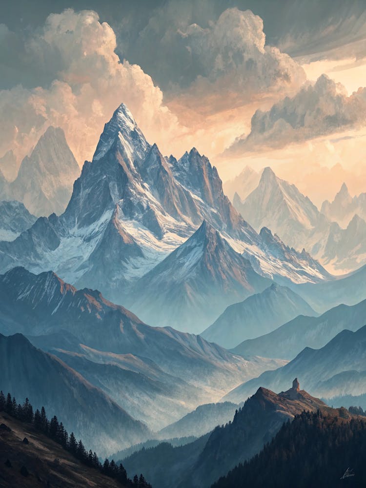 Oil Painting Style Mountain Peaks Under Pale Cloud