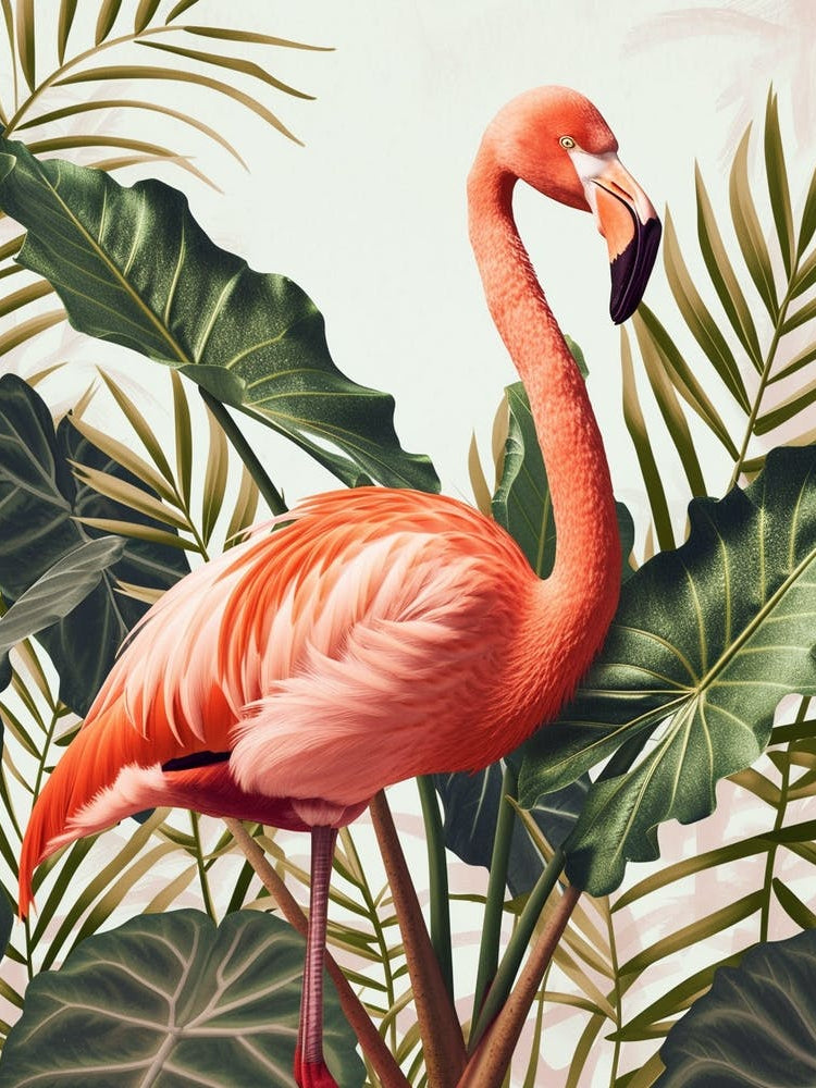 American Flamingo And Alocasia Elephant Ear Minimalist Illustration 4