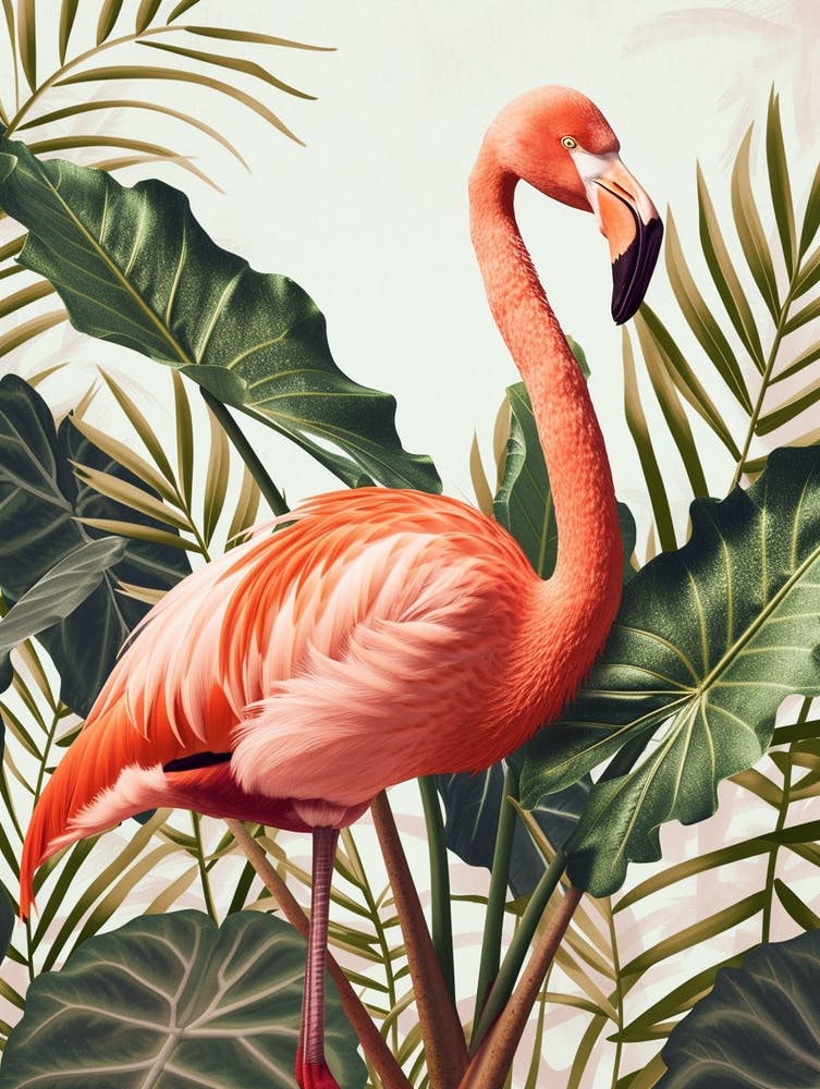 American Flamingo And Alocasia Elephant Ear Minimalist Illustration 4