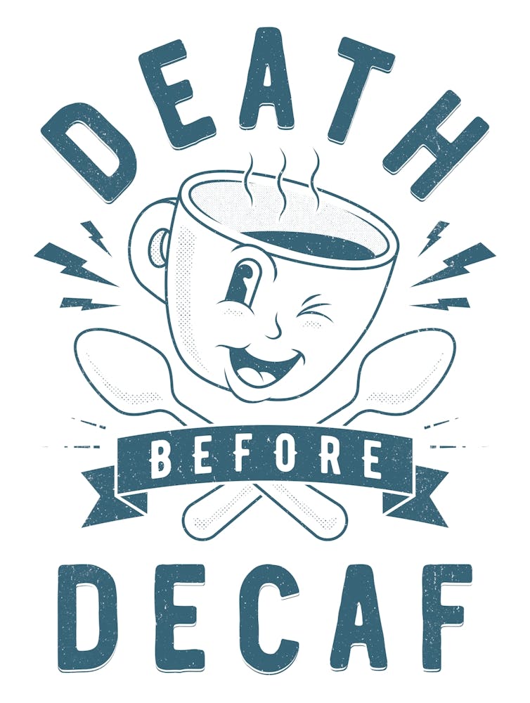 Death before decaf retro art print in blue