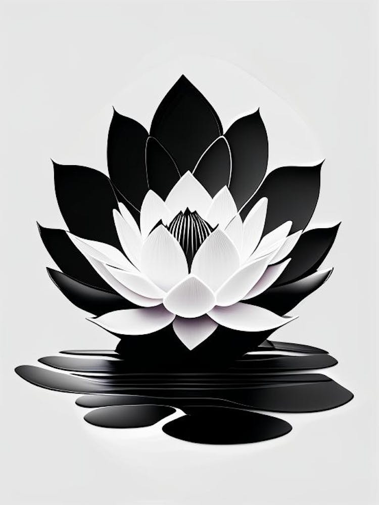 Blooming Lotus Flower In Pond Black And White Geometric 4