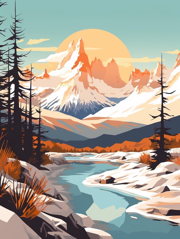 Vintage Winter Travel Illustration Patagonia Argentina 3