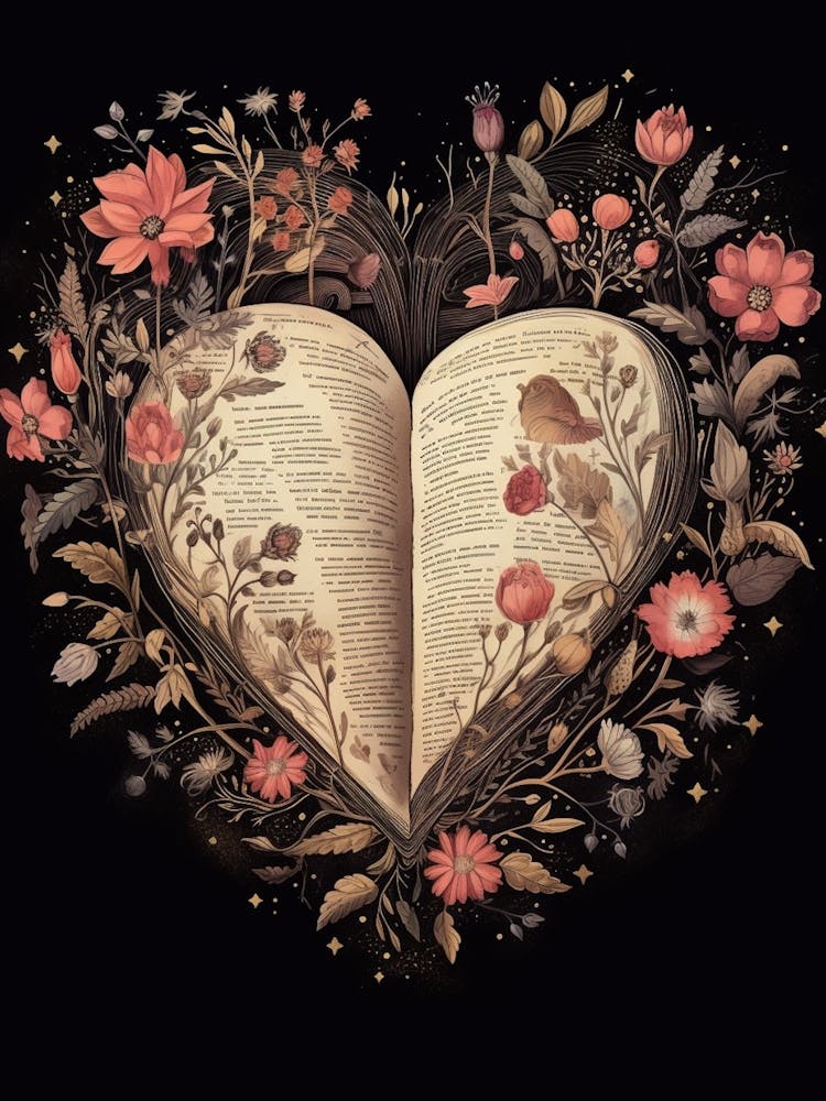 Black Background Vintage Floral Book Heart 1