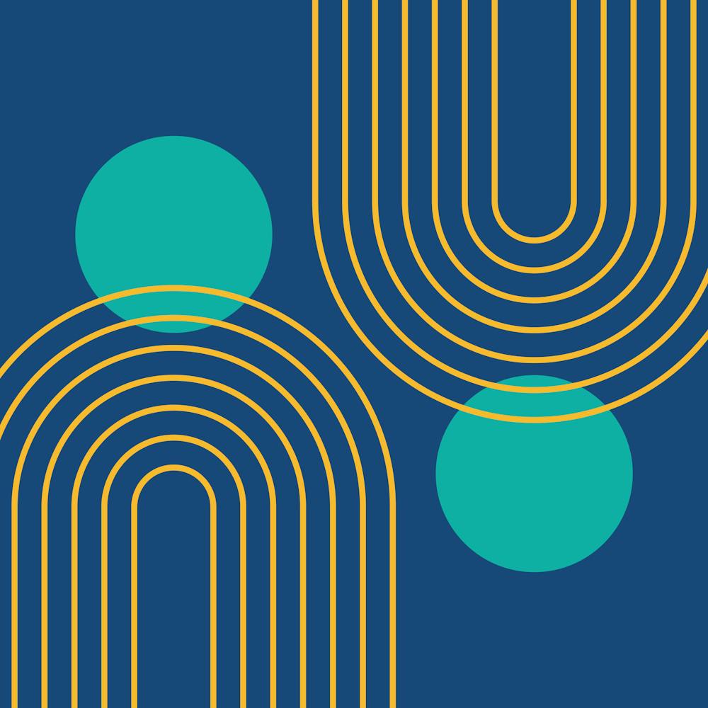 Mid Century Modern Geometric cI in Cottage Teal Navy Blue Mustard Yellow (Rainbow and Sun Abstraction) 1