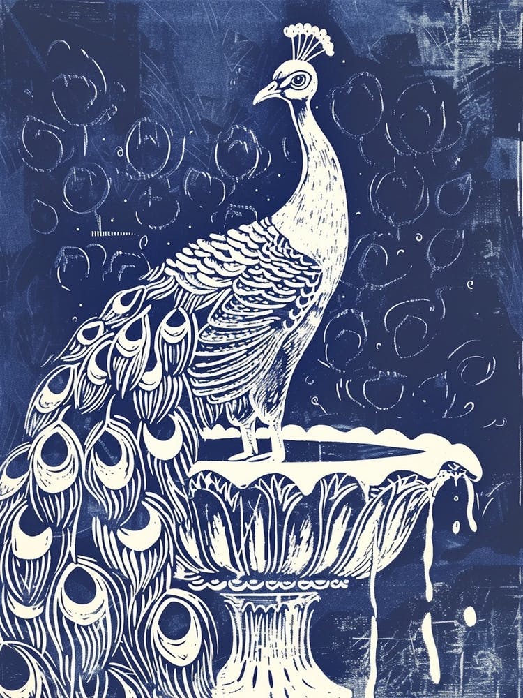 Navy Blue Linocut Inspired Peacock In A Fountain 1