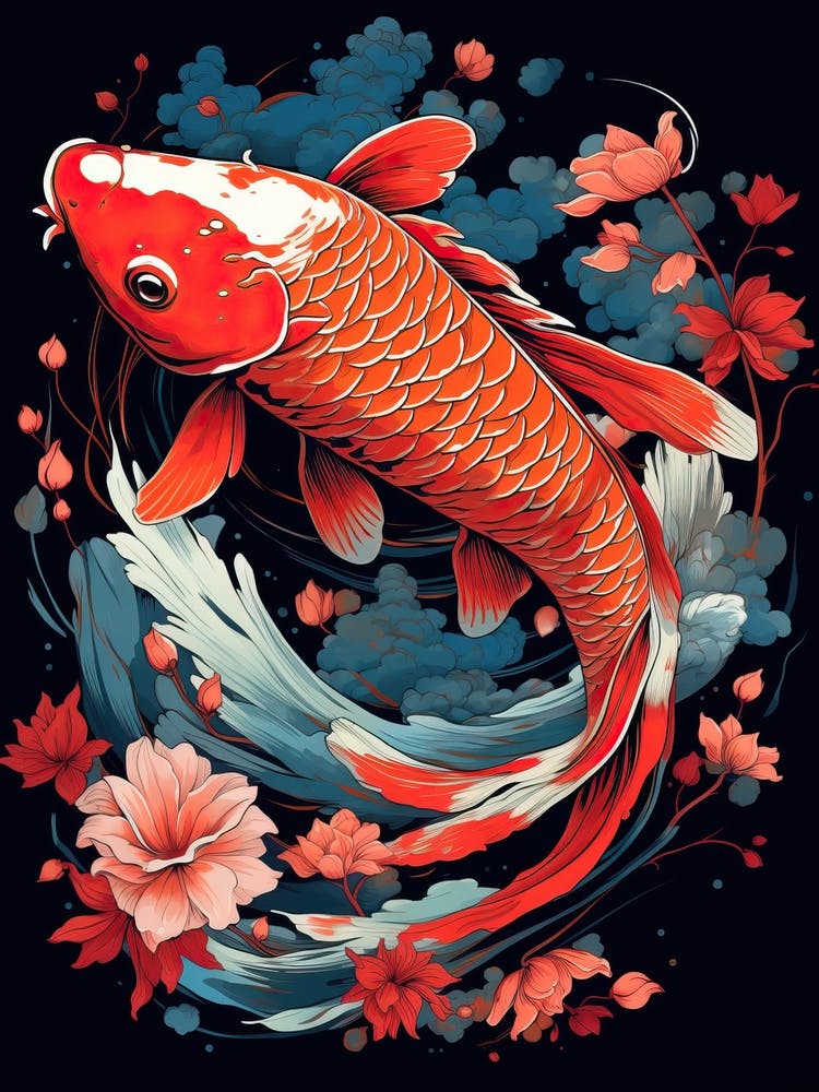 Koi Fish Animal Drawing In The Style Of Ukiyo E 3