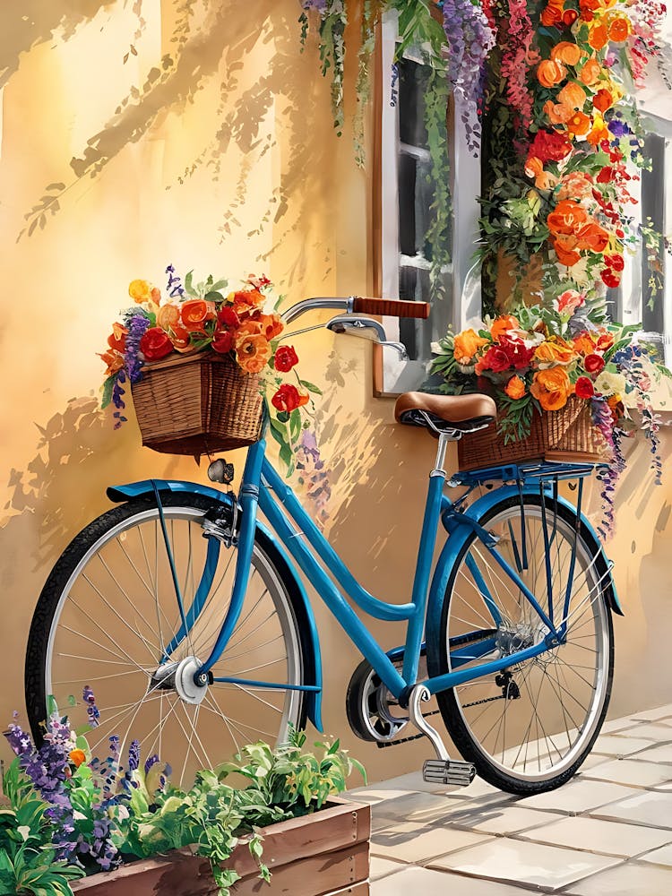 Blaues Fahrrad mit Blumen
