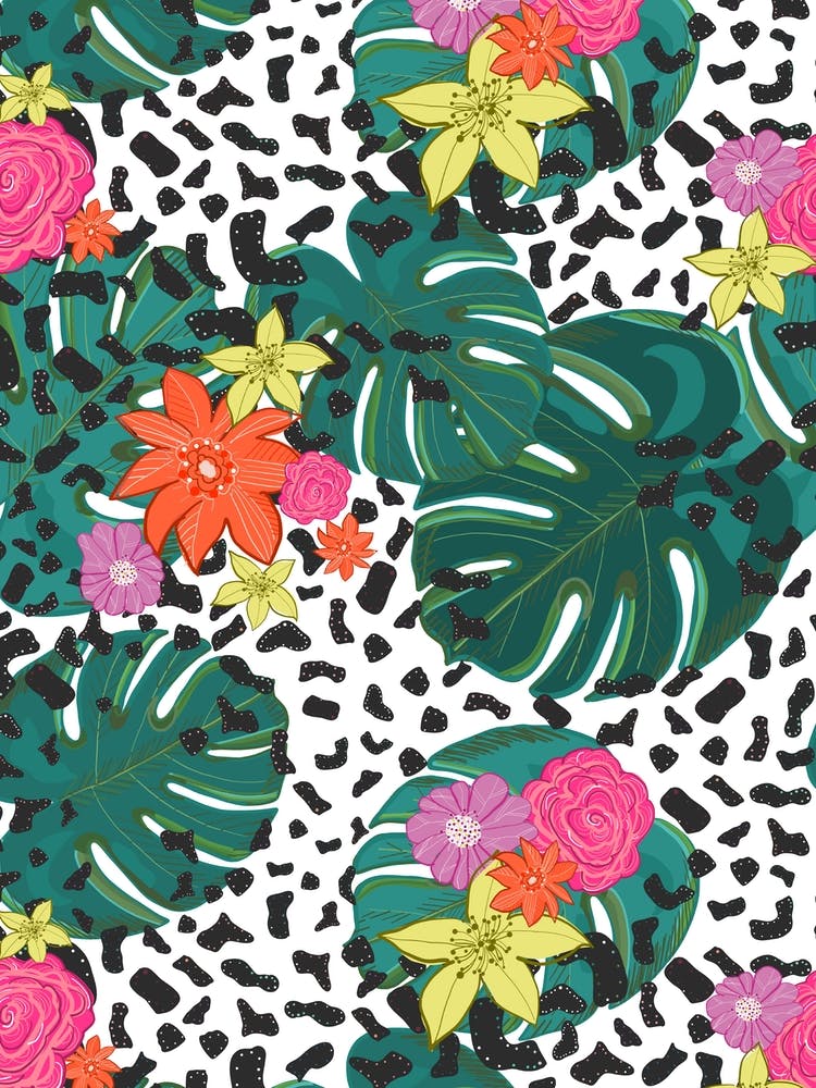 Shining Leopard Detailed Colorful Happy Tropical Flowers Vibrant Pattern