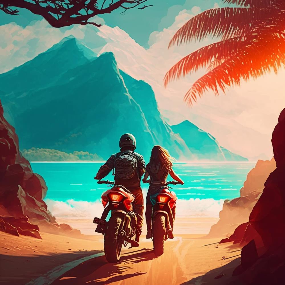 Couple On Motorcycles On The Beach